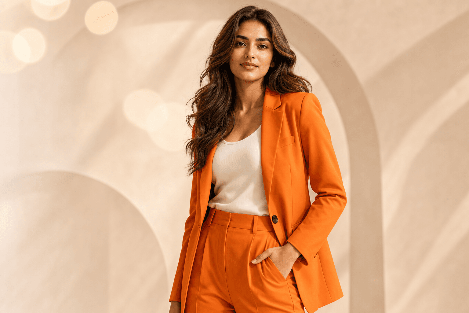 AI-generated brand photoshoot of a model in an orange blazer, created with Damroo AI